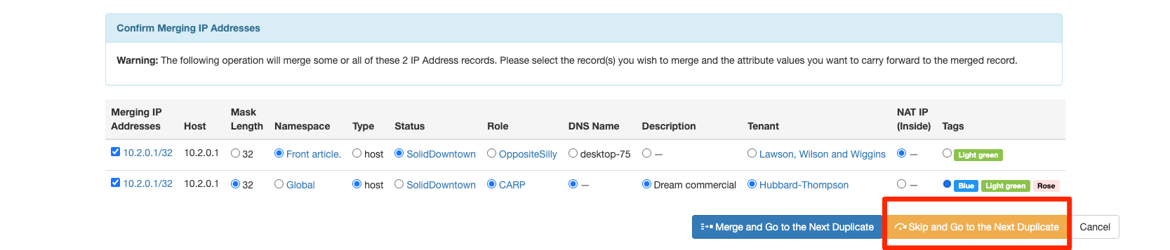 Skip Merging Duplicate IPs